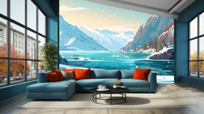 Winter landscape of Baikal lake in simple, cartoon illustration Wall mural