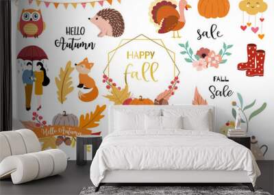 Autumn object collection with pumpkin,owl,wreath,man,woman,couple.Illustration for sticker,postcard,invitation,element website.Included hello autumn and fall sale wording Wall mural