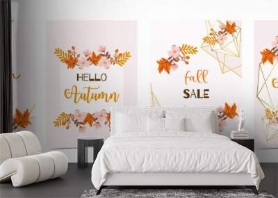 Collection of autumn background set with gold geometric,leaves,flower,wreath.Vector illustration for invitation,postcard and sticker.Editable element Wall mural