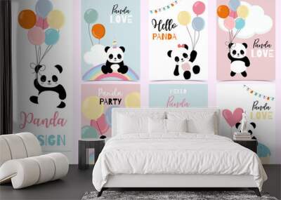 Collection of birthday background set with panda,rainbow,balloon.Editable vector illustration for birthday invitation,postcard and sticker.Wording include hello Wall mural