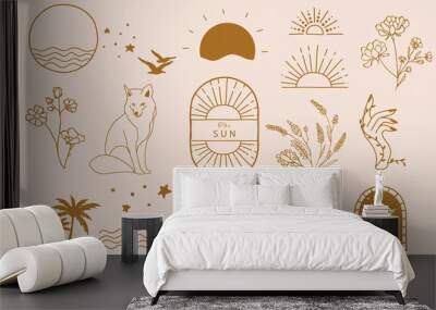 Collection of line design with sun,sea,wave.Editable vector illustration for website, sticker, tattoo,icon Wall mural