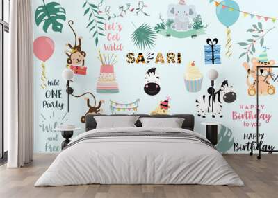 Collection of wild animal set with giraffe,tiger,zebra,monkey Wall mural