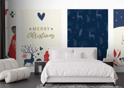 Collection of winter background set with tree,raindeer,flower,leaves.Editable vector illustration for christmas invitation,postcard and website banner Wall mural