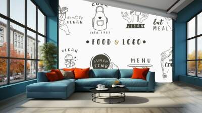 cook and kitchen logo collection with apron,pan,mushroom,pot,fork,knife.Vector illustration for icon,logo,sticker,printable and tattoo Wall mural