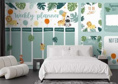 cute animal weekly planner background with giraffe,zebra,lion.Vector illustration for kid and baby.Editable element Wall mural