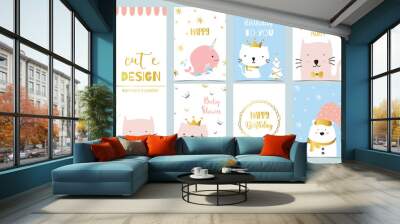 Cute kid background with whale,cat,gift,bear,christmas tree for birthday invitation Wall mural