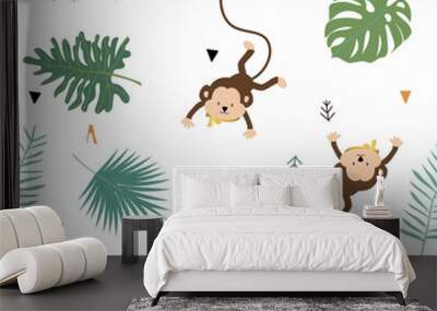 Cute safari background with monkey,leaves.Vector illustration seamless pattern for background,wallpaper,frabic.include wording wild and free.Editable element Wall mural