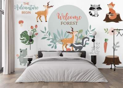 Cute woodland object collection with skunk,bear,fox,deer,stump and leaves.Vector illustration for icon,sticker,printable Wall mural