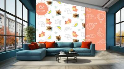 Light pink,white seamless pattern with bear,rainbow,ice cream and hippopotamus Wall mural