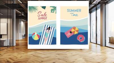 Party summer time postcard with pool and beach in the daytime background Wall mural