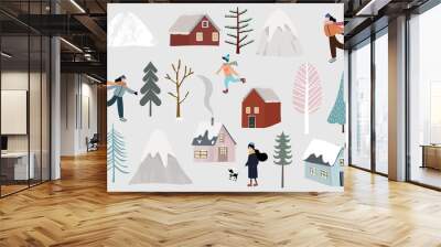 Winter collection set with home,snow,tree,people illustration for sticker,postcard,background,christmas invitation Wall mural