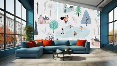 Winter collection set with home,snow,tree,people illustration for sticker,postcard,background,christmas invitation Wall mural