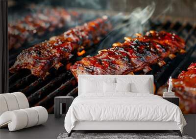  Delicious bbq ribs sizzling on the grill surrounded by flavorful smoke Wall mural