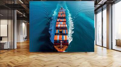  Fully loaded container ship sailing in vibrant blue ocean under clear sky horizon Wall mural