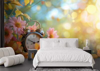  Rustic alarm clock surrounded by vibrant autumn leaves and blooming flowers in nature Wall mural