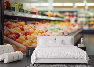 Abstract blur image of Shopping mall with bokeh. Supermarket aisle and shelves blurred background. Blurred bright out of focus interior of a spacious open grocery store with neatly arranged shelves. Wall mural