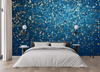 Holiday Decor. Vibrant gold confetti on blue background. Festive design with copy space for your text. Metallic glitter foil confetti on blue. Wall mural