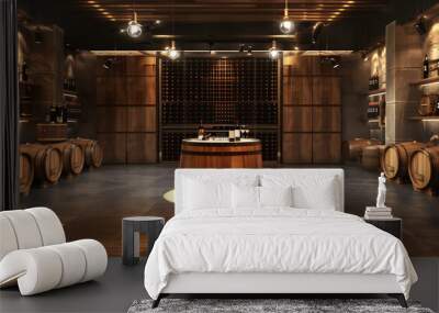 Modern wine cellar with wooden barrels in winery industry environment Wall mural