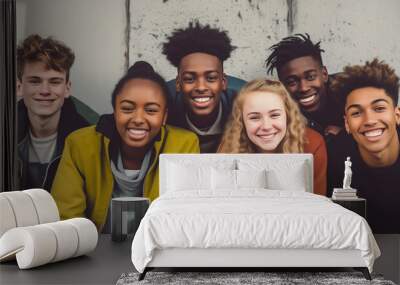 Multiethnic friendship and people concept. Diverse teens hugging and having fun Wall mural