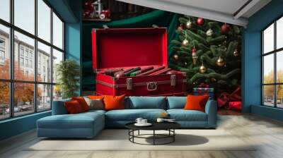 Set of wrenches in wooden box near Christmas tree with copy space Wall mural