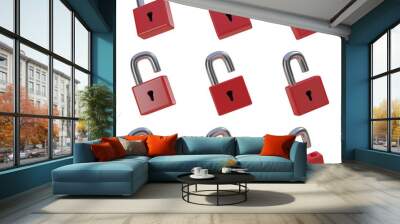 Set of red locks, Unlock, Set of 3d locks with transparent background, PNG, Red Wall mural