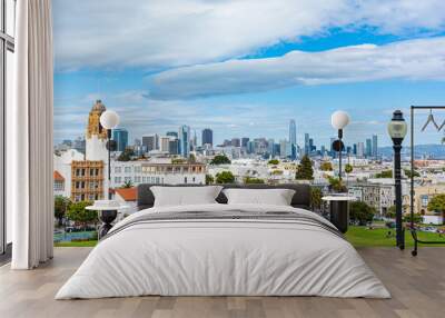 Mission Dolores Basilica and San Francisco skyline view from Dolores Park, California
 Wall mural