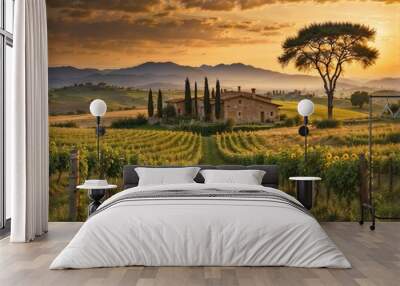 Idyllic Sunset Over Tuscan Vineyard with Rustic Villa and Rolling Hills Wall mural