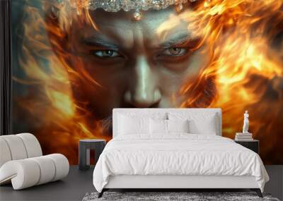 Majestic Fantasy Portrait of a Bearded Man Surrounded by Flames Wall mural