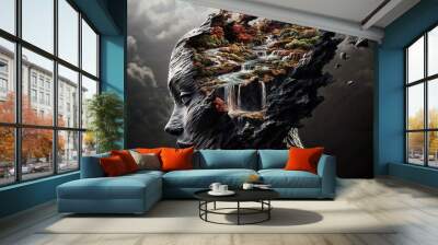 Surreal Profile of Woman's Head with Waterfalls and Forest Inside Wall mural