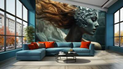 Surreal Woman Underwater with Artistic Makeup and Flowing Hair Wall mural