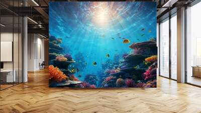 Vibrant Coral Reef Underwater Scene with Colorful Fish and Sunlight Wall mural