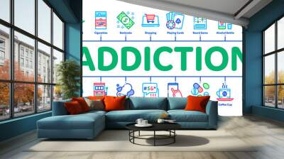 Addiction Bad Habits Minimal Infographic Web Banner Vector. Alcohol And Drug, Shopping And Gambling, Hemp, Smoking And Junk Food Addiction Color Illustrations Wall mural