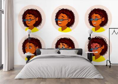 African Black Woman Avatar Vector. African American Woman Face, Emotions Set. Character Business People. Cartoon Illustration Wall mural