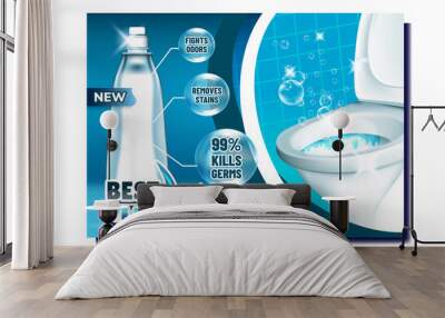 Best Cleaner Creative Advertising Poster Vector. Blank Bottle With Liquid Cleaner And Bubbles For Washing Toilet, Kill Germs And Fight Odors. Restroom Hygiene Concept Mockup Realistic 3d Illustration Wall mural