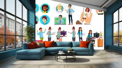 dispatchers, client support team vector characters set. male, female dispatchers using professional  Wall mural