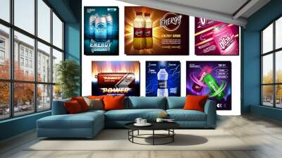 Energy Drink Creative Promotion Posters Set Vector. Power Drink Blank Aluminum Container And Plastic Bottle On Advertising Banners. Collection Flyers Style Concept Template Illustrations Wall mural