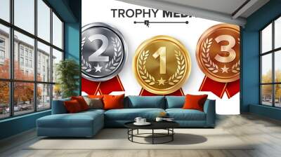 Gold, Silver, Bronze Medals Set Vector. Metal Realistic Badge With First, Second, Third Placement Achievement. Round Label With Red Ribbon. Winner Prize. Competition Game Golden, Silver, Bronze Trophy Wall mural