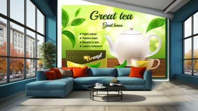 Green Tea Creative Promo Advertising Poster Vector. Tea Cup, Teapot, Lemon Piece, Package And Plant Leaf On Wooden Table. Herbal Energy Drink Concept Template Realistic 3d Illustration Wall mural