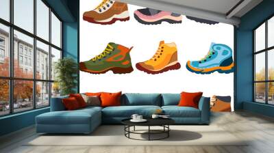 hiking boots female set cartoon. outdoor adventure, trail footwear, mountains gear hiking boots female sign. isolated symbol vector illustration Wall mural