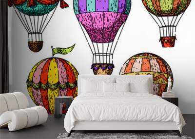 hot air balloon set hand drawn. adventure sky, borne basket, altitude sunrise hot air balloon vector sketch. isolated color illustration Wall mural