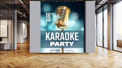 Karaoke Poster Vector. Retro Concert. Karaoke Club Background. Mic Design. Creative Layout. Audio Element. Speaker Label. Entertainment Competition. Media Announcement. Luxury. Realistic Illustration Wall mural