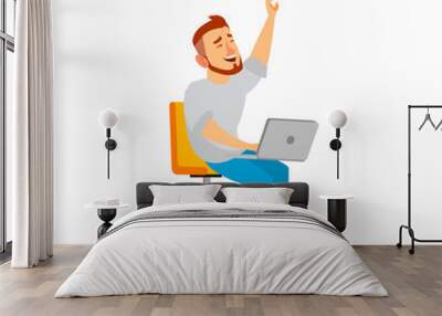 laughing man watching funny film on laptop cartoon vector. laughing man watching funny film on laptop character. isolated flat cartoon illustration Wall mural