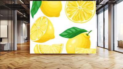 lemon yellow fruit set cartoon. fresh citrus, leaf food, slice cut, green leaves, lemonade lemon yellow fruit vector illustration Wall mural