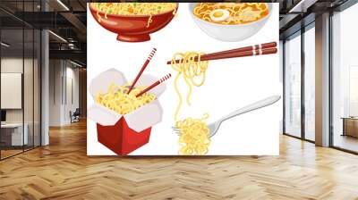 noodle food meal chinese set cartoon. asian lunch, noodles bowl, pasta cuisine, chopsticks traditional dinner, japanese fresh, tasty cooking noodle food meal chinese vector illustration Wall mural