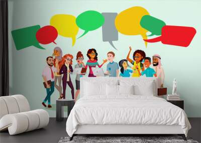 People Group Chat Vector. Businesspeople Discussing. Brainstorming. Talking Communication. Speech Bubbles. Illustration Wall mural