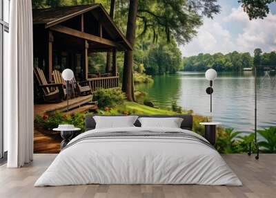 vacation lake cabin summer Wall mural