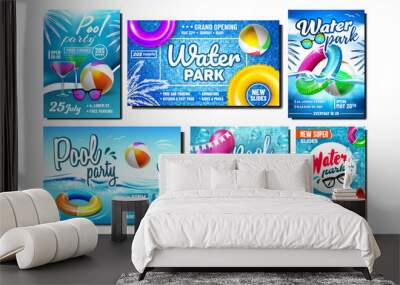 Water Park And Pool Party Promo Banners Set Vector. Collection Of Advertising Posters With Inflatable Lifebuoy And Ball, Sunglasses And Cocktail Drink. Aquapark Colored Concept Template Illustrations Wall mural