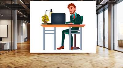 young man planning startup idea on computer cartoon vector. young man planning startup idea on computer character. isolated flat cartoon illustration Wall mural