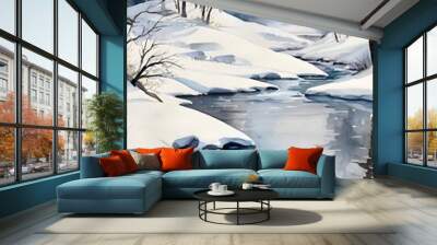  Winter River Landscape Watercolor Art
 Wall mural