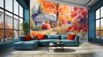 Autumn Garden Backyard Watercolor Art Wall mural